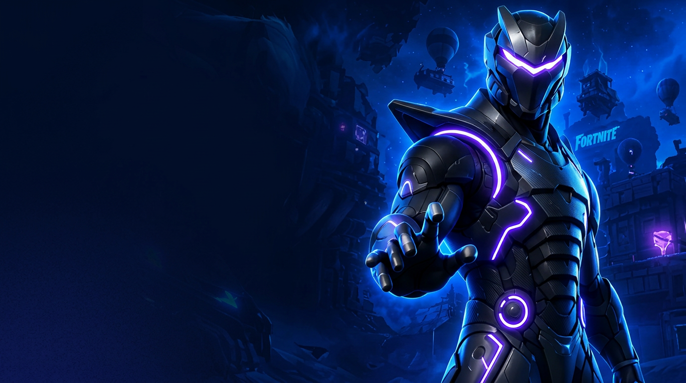 Personagem Fortnite com armadura preta e visor violeta